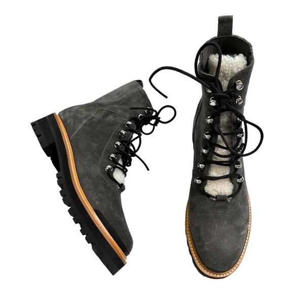 Marc Fisher Izzie Grey Suede Shearling Lace-Up Lug Sole Boots Size 9.5 - Picture 7 of 11